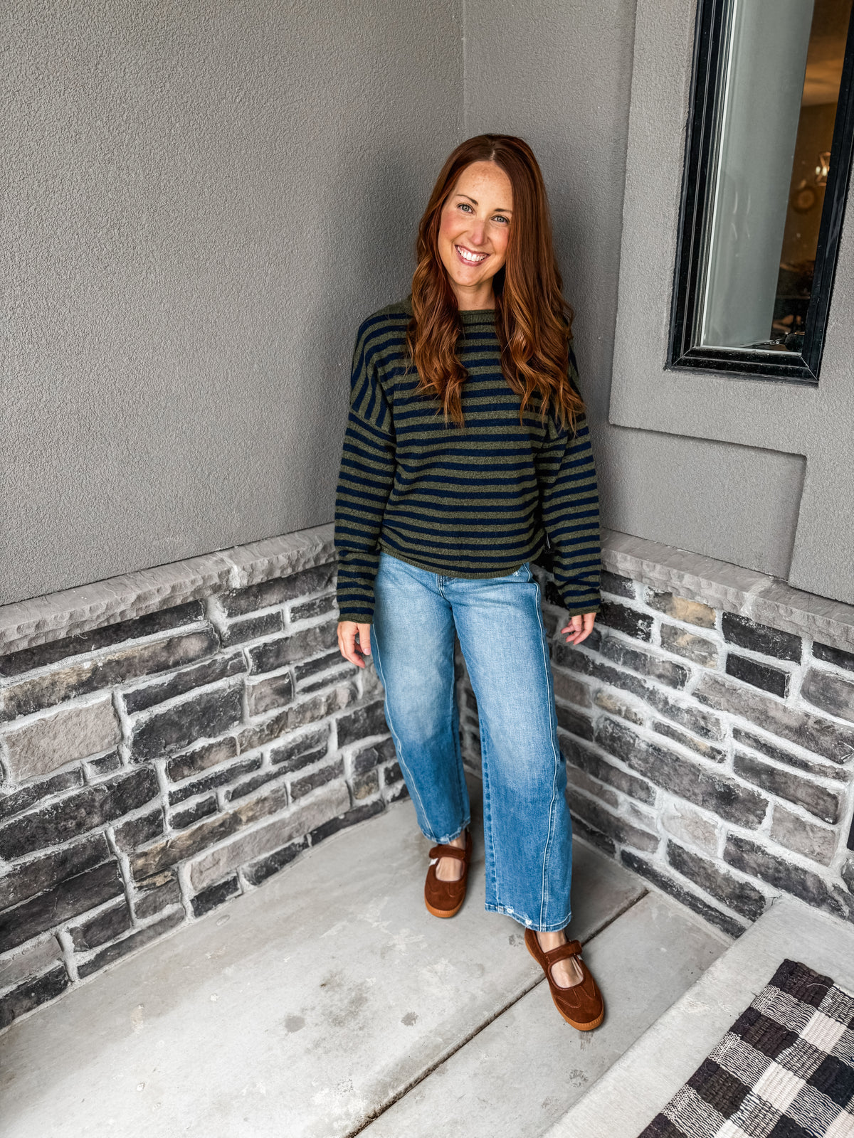The Piper Sweater Olive/Navy Stripe