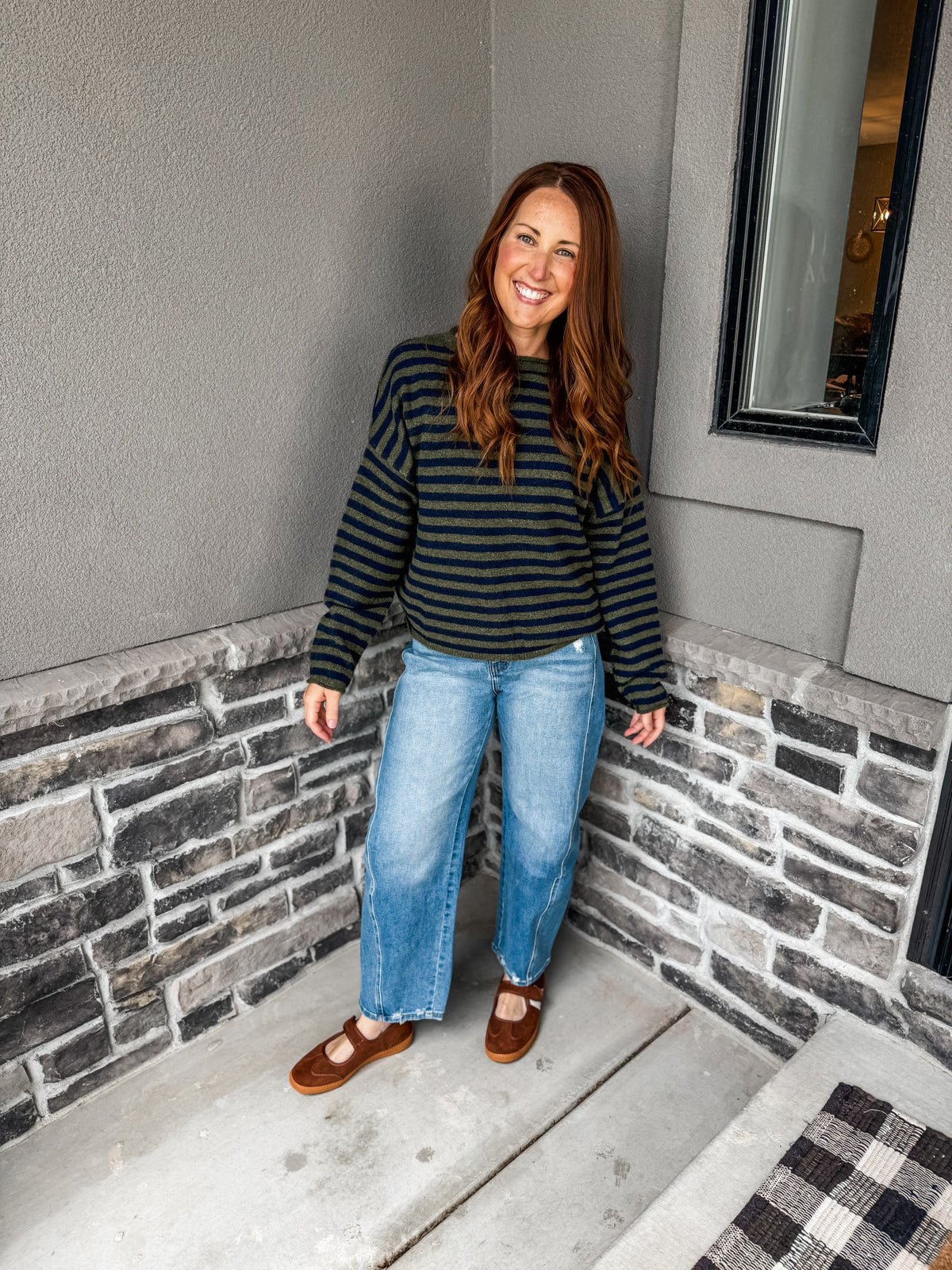 The Piper Sweater Olive/Navy Stripe