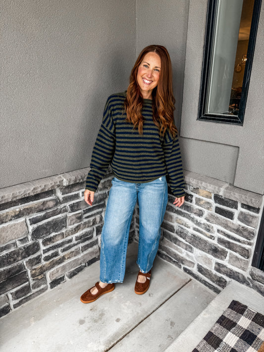 The Piper Sweater Olive/Navy Stripe