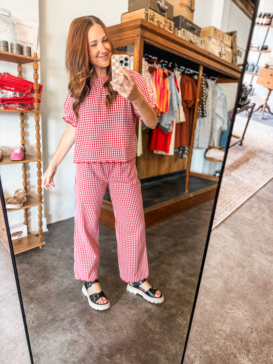 Cherry on Gingham Pants Red