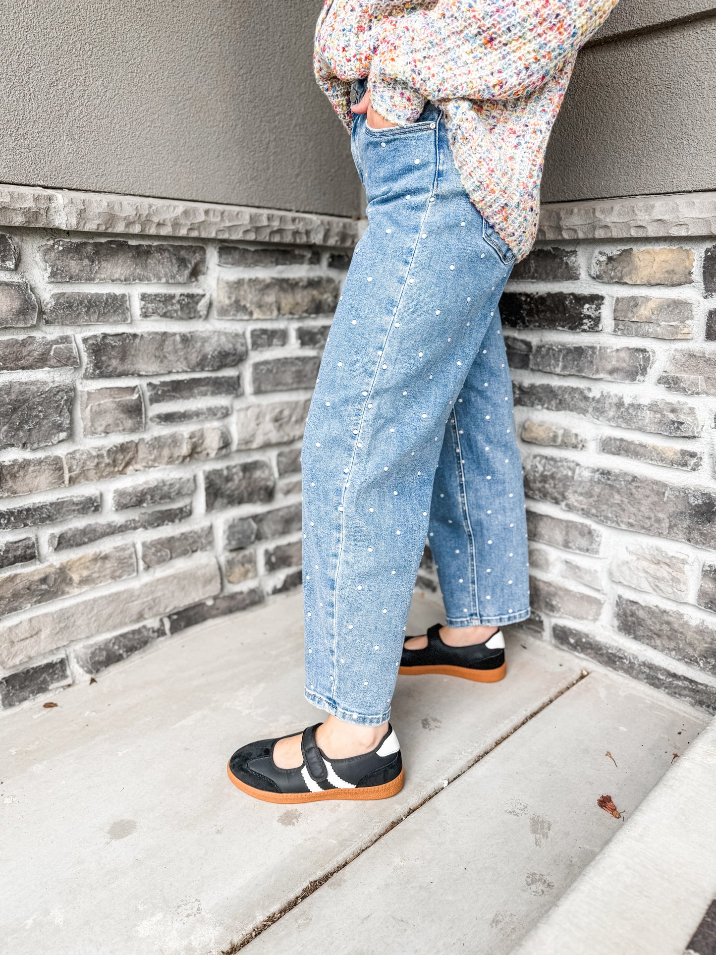 Risen Embroidered Polka Dot Barrel Jeans