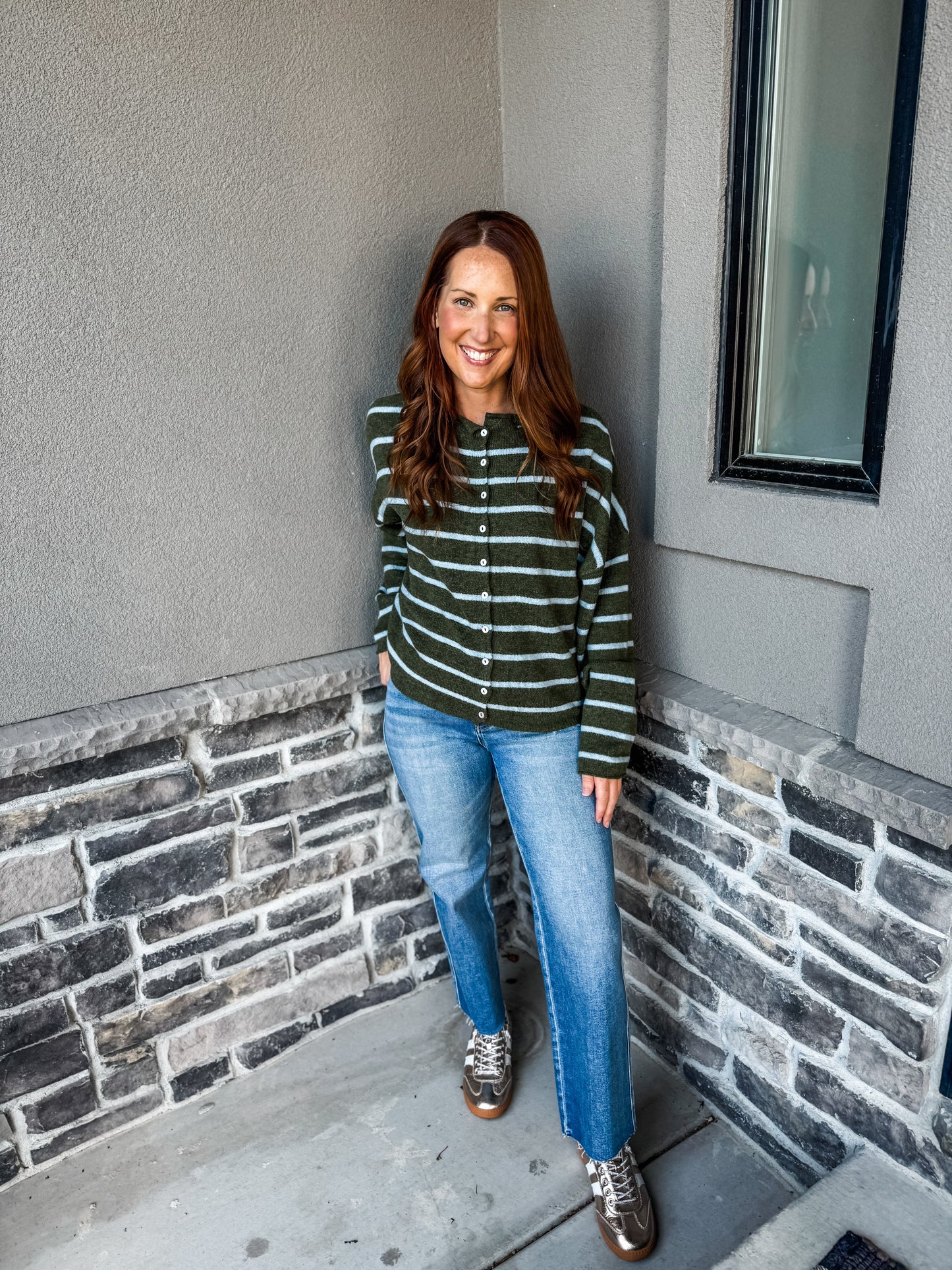 Piper Cardigan Olive/Blue Stripe
