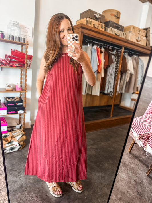 Harvest Stripe Dress Deep Red