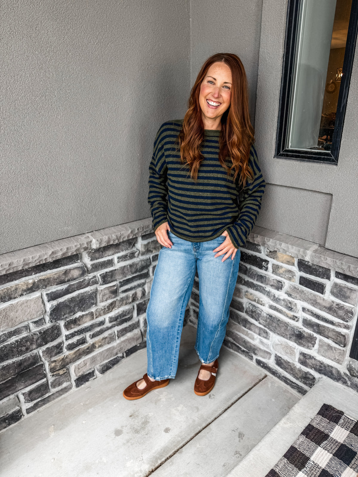 The Piper Sweater Olive/Navy Stripe