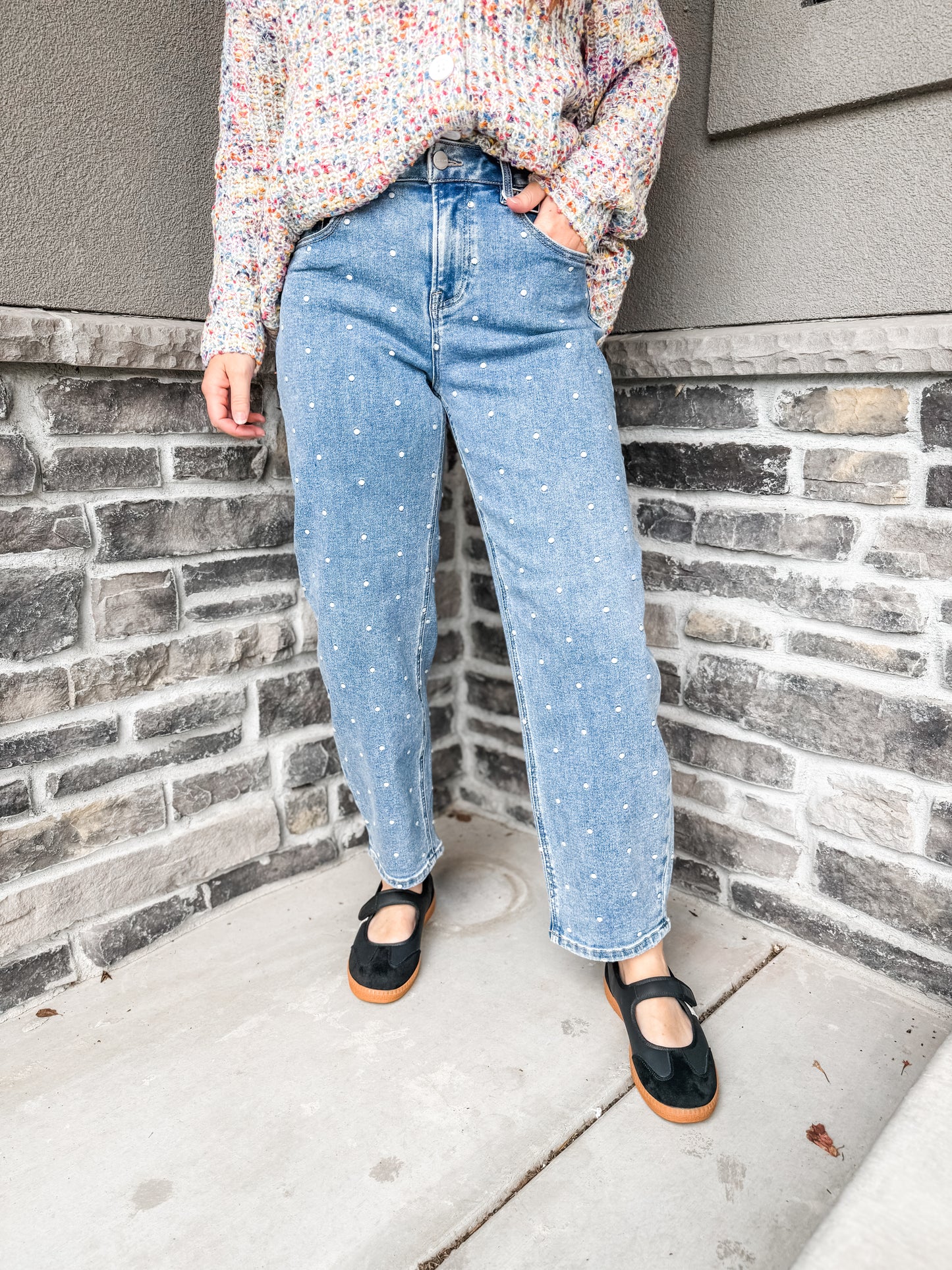 Risen Embroidered Polka Dot Barrel Jeans
