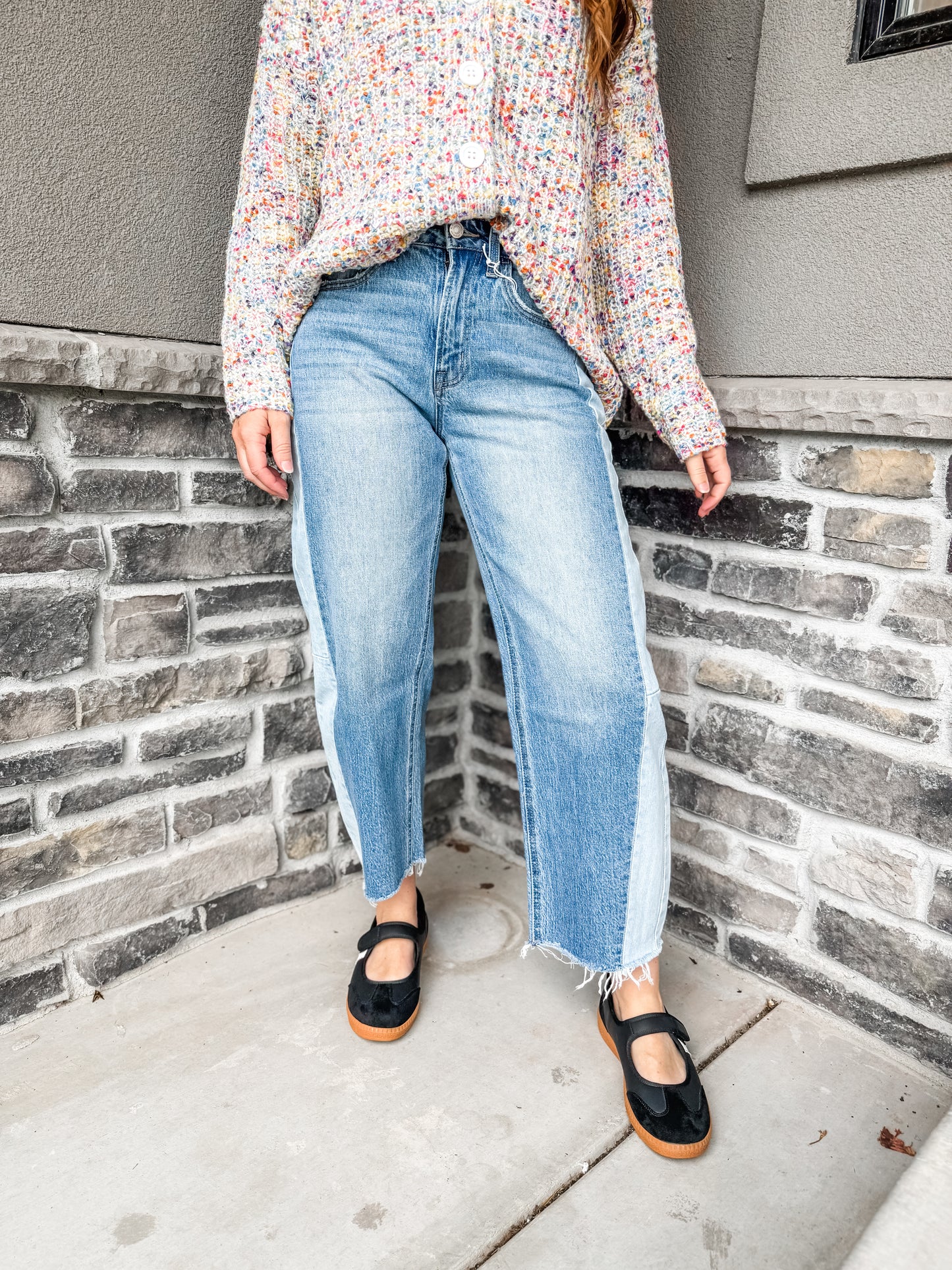 Flying Monkey Hi Rise Two Toned Barrel Jeans