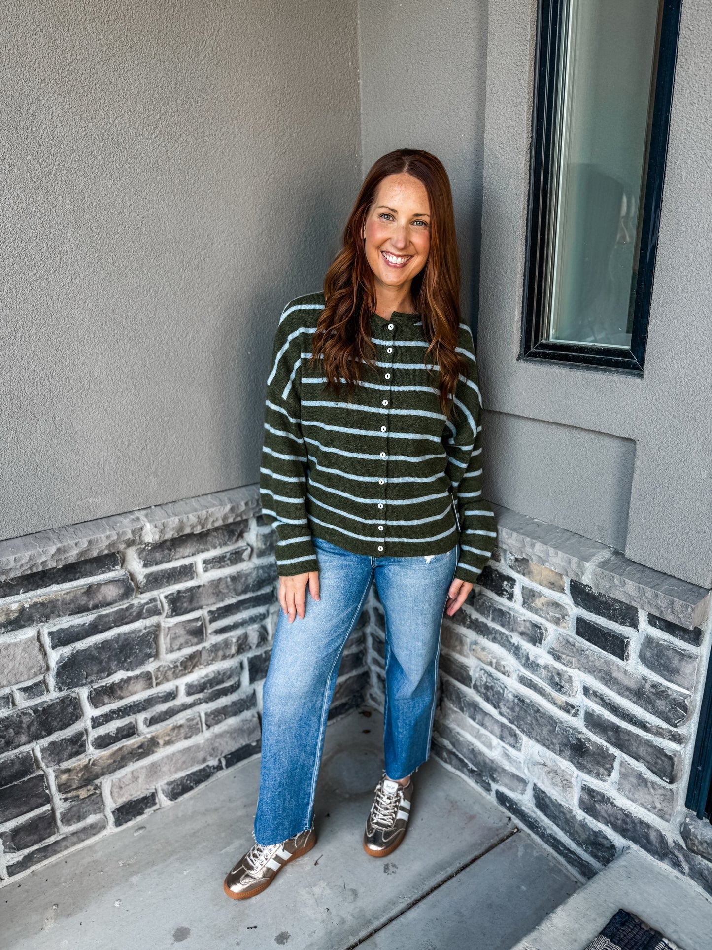 Piper Cardigan Olive/Blue Stripe