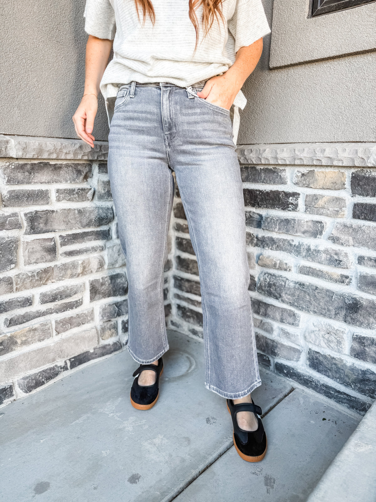 Vervet High Rise Gray Ankle Slim Wide Jeans