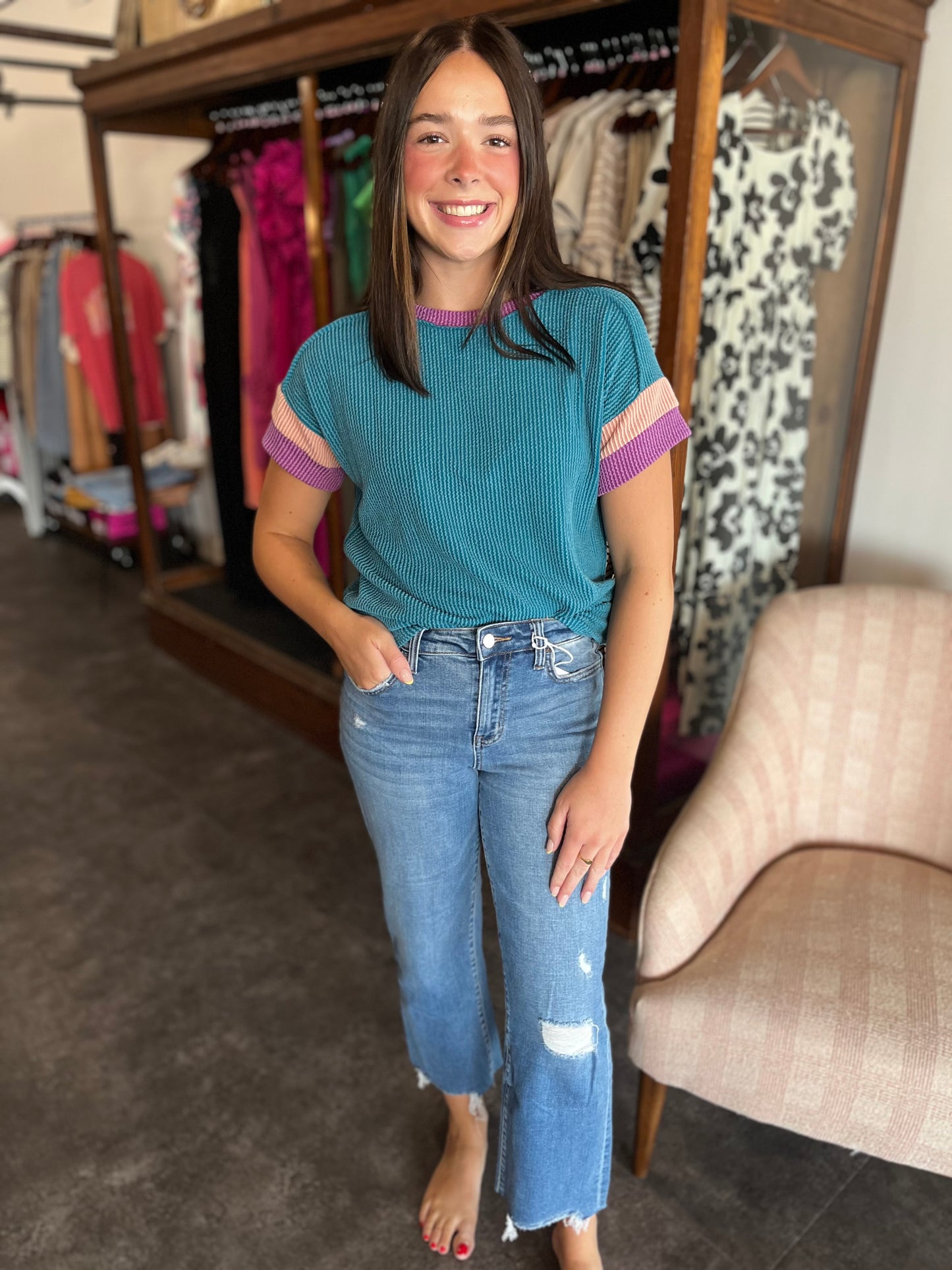 Just A Dream Sleeve Colorblock Shirt Jade