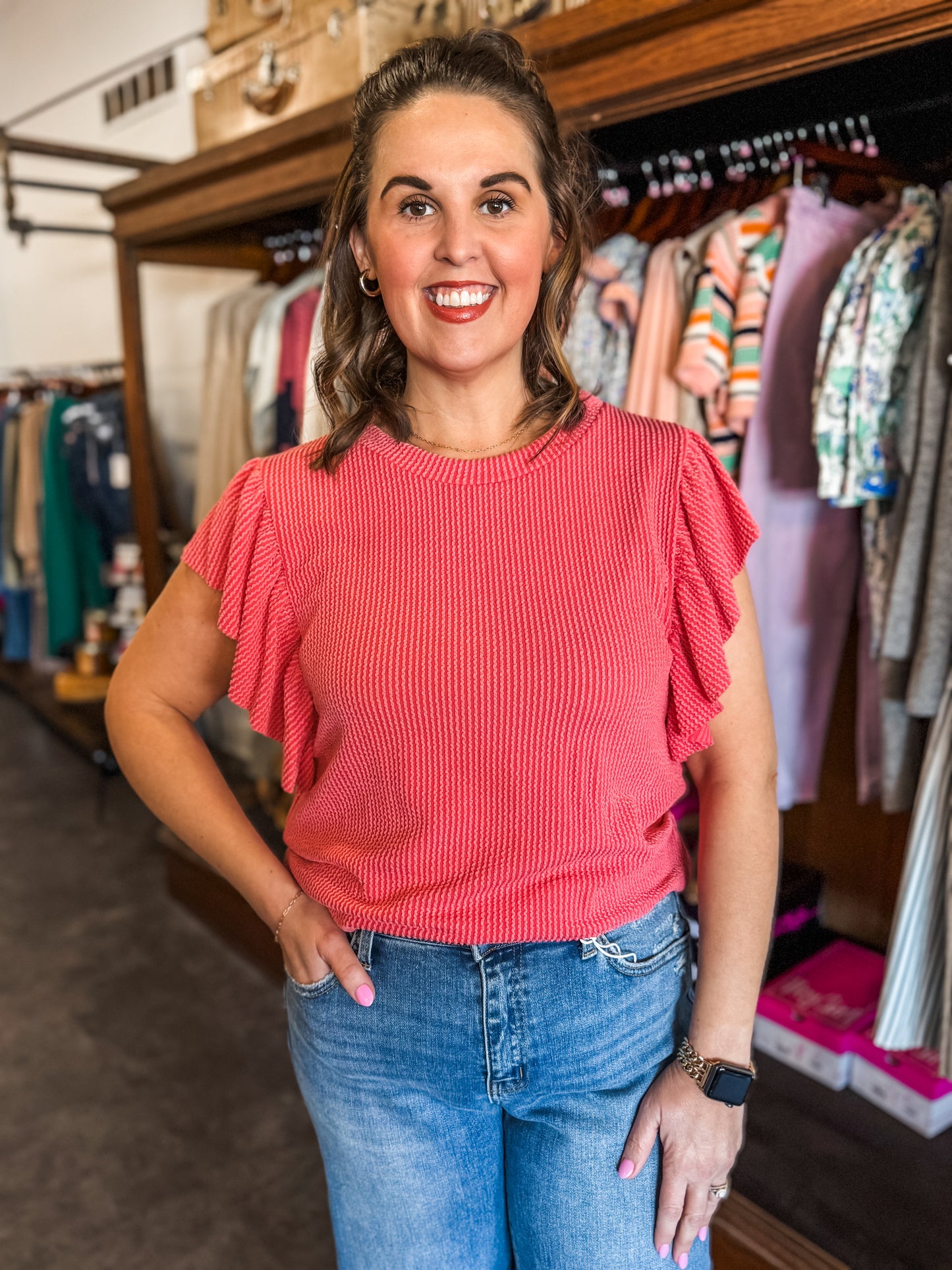 Just a Dream Ruffle Sleeve Top Coral