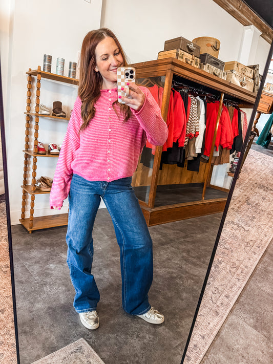 Piper Cardigan Pink Pinstripe