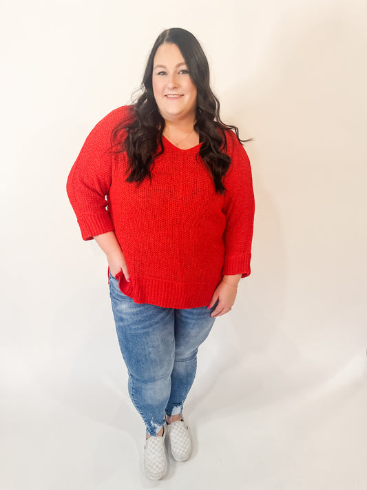 Red V Neck Knit Sweater-Plus