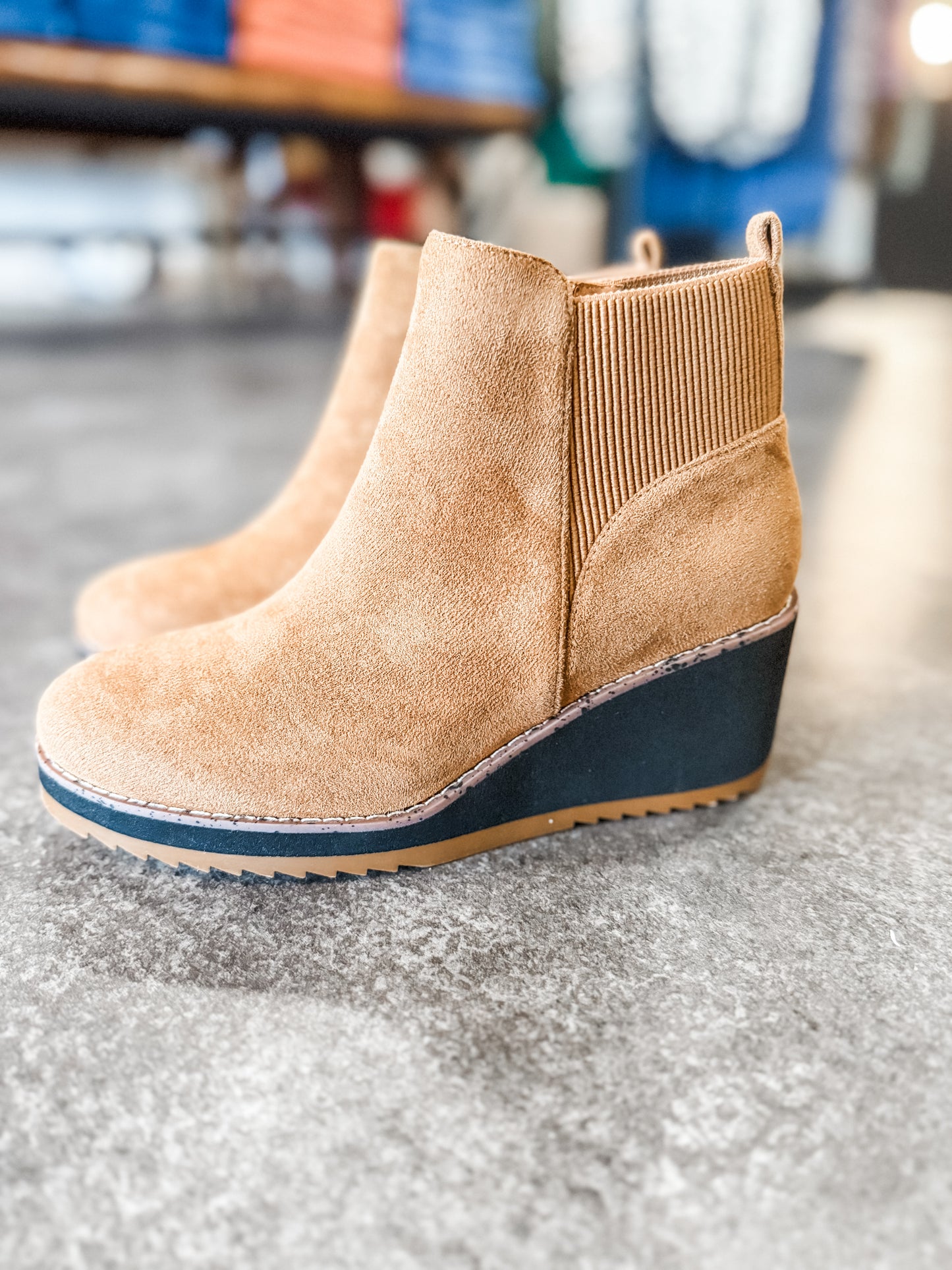 Corky’s Apple Sauced Tobacco Faux Suede Wedge Booties
