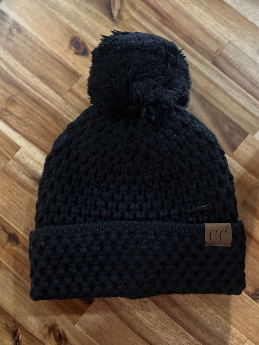 Black Stitch Knit Pom Beanie