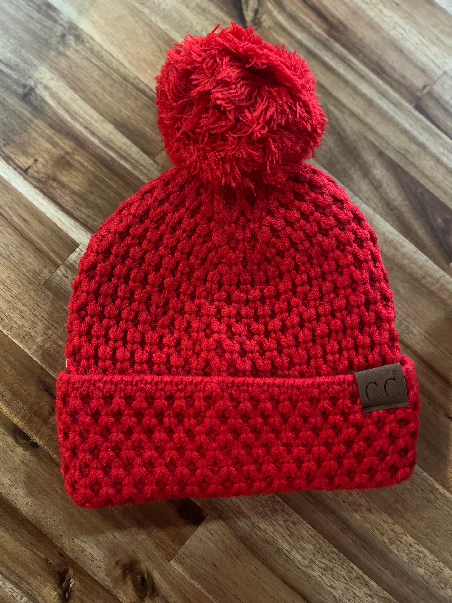 Red Stitch Knit Pom Beanie
