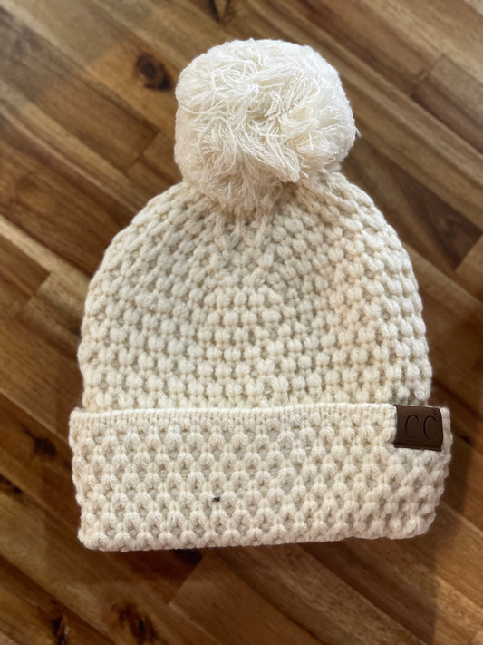 Ivory Stitch Knit Pom Beanie